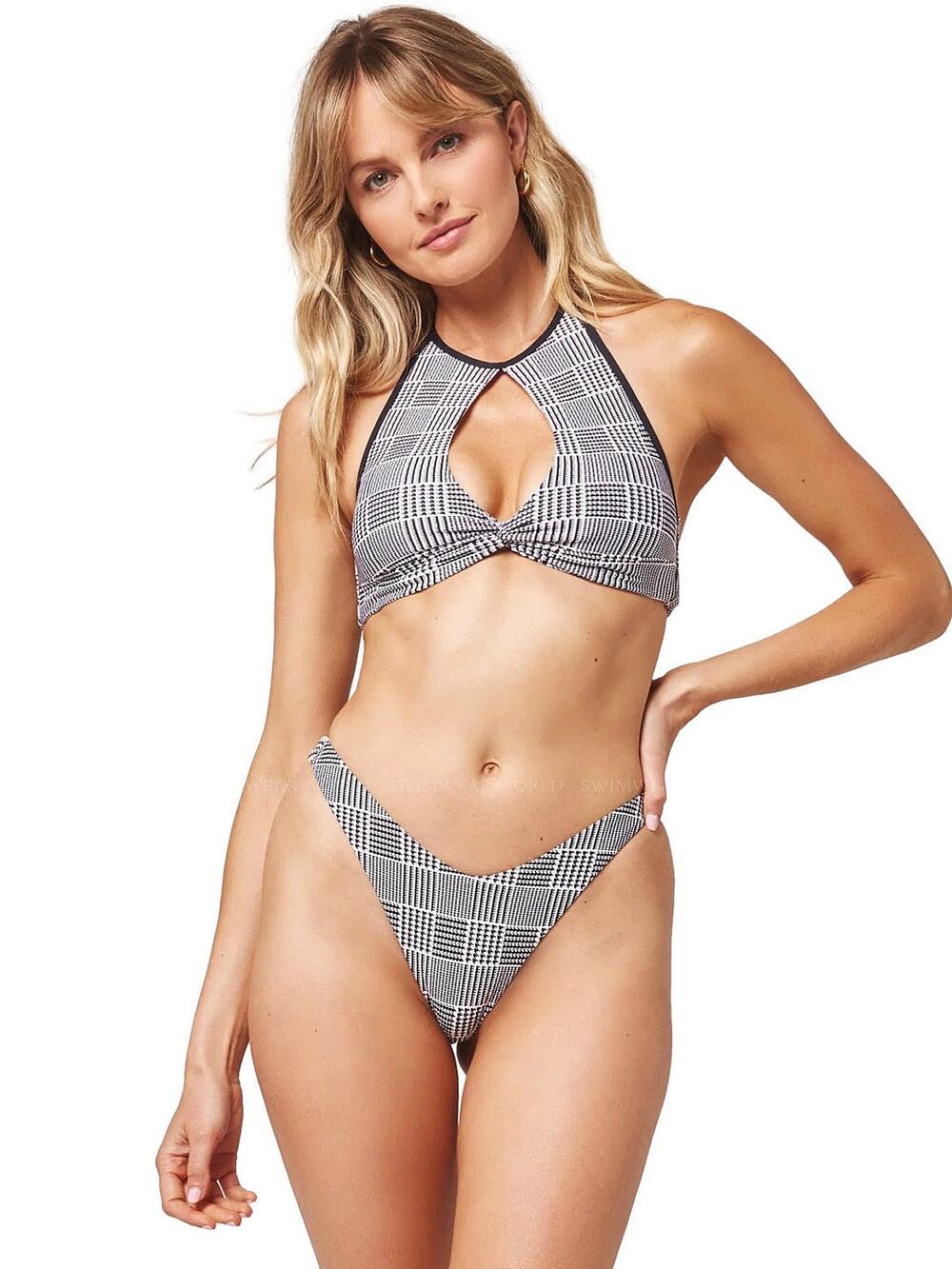 L*Space Jessy Black White Houndstooth Plaid Keyhole Twist Cut Out Bikini Top M